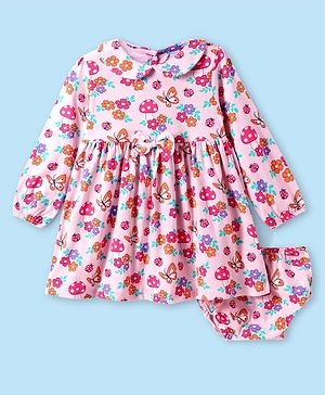 Babyhug Cotton Knit Full Peasant Sleeves Floral Printed Peter Pan Collared Frock with Bow Detailing - Pink & Blue
