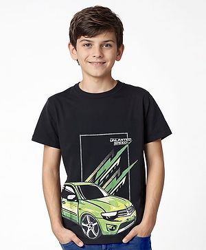 Pine Kids Cotton Knit Half Sleeves T-Shirt with Car Print - Black