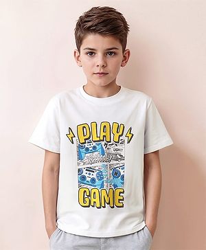 Pine Kids Cotton Knit Half Sleeves T-Shirt With Gaming Print - White