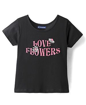 Pine Kids Cotton Knit Half Sleeves T-Shirt With Love Flowers Text Print - Black