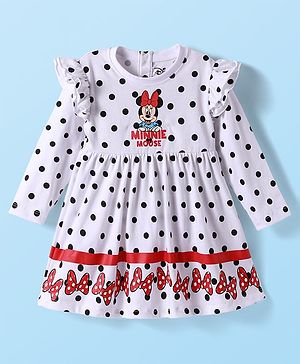 Babyhug Disney Single Jersey Knit Full Sleeves Frock Minnie Mouse Graphics & Frill Detailing - White