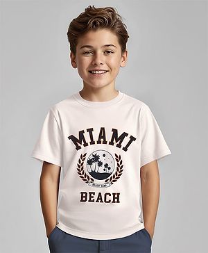Pine Kids Cotton Knit Half Sleeves T-Shirt with Maimi Text Print - White
