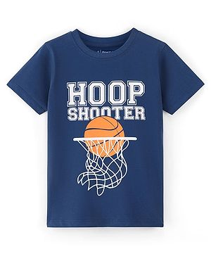 Pine Kids Cotton Knit Half Sleeves T-Shirt With Hoop Shooter Text Print - Blue