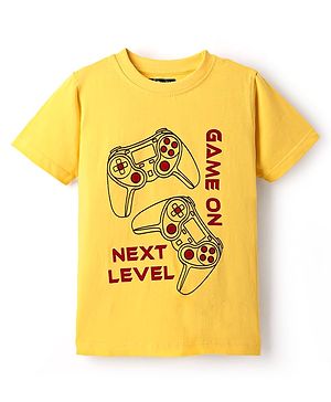 Pine Kids Cotton Knit Half Sleeves T-Shirt With Game On Text Print - Yellow