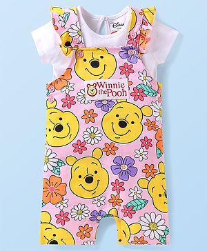 Babyhug Disney Single Jersey Knit Dungaree & Half Sleeves T-Shirt with Winnie the Pooh Graphic - Pink