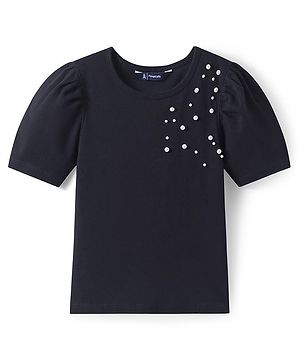 Pine Kids Cotton Knit Half Puffed Sleeves Top with Pearls Detailing - Black