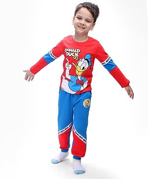 Babyhug Disney Single Jersey Knit Full Sleeves T-Shirt & Lounge Pant Set With Donald Duck Graphics - Red & Blue