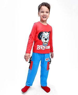 Babyhug Disney Single Jersey Knit Full Sleeves T-Shirt & Lounge Pant Set With 101 Dalmatians Graphics & Buckle Detailing  - Red & Blue