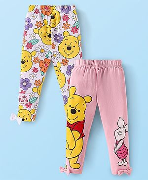 Babyhug Disney Lycra Knit Leggings With Winnie the Pooh Graphics With Bow & Badge Detailing Pack of 2 - Yellow & Pink