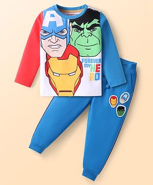 Babyhug Marvel Single Jersey Knit Full Sleeves T-shirt & Lounge Pant Set With Avengers Graphics & Badge Detailing - White Red & Blue