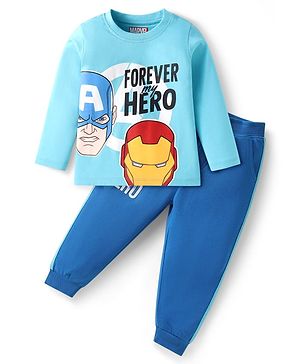 Babyhug Marvel Single Jersey Knit Full Sleeves T-Shirt & Lounge Pant Set With Avengers Graphics - Light & Medium Blue