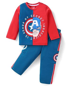 Babyhug Marvel Single Jersey Knit Full Sleeves T-Shirt & Lounge Pant Set With Avengers Graphics & Badge Detailing - Red & Blue