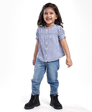 Babyhug Oxford Woven Half Puffed Sleeves Striped Top with Denim Jeans - Light Blue