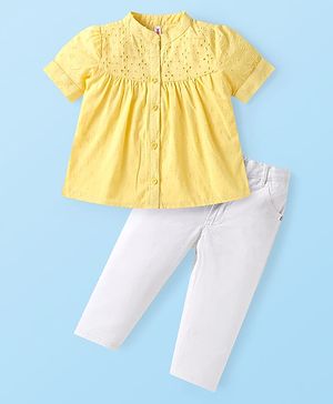 Babyhug Cotton Woven Half Sleeves Schiffli Detailed Top & Solid Denim Jeans Set - Yellow & White