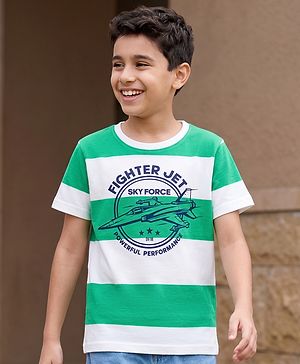 Pine Kids Cotton Knit Half Sleeves Striped T-Shirt With Airplane Print - White & Green