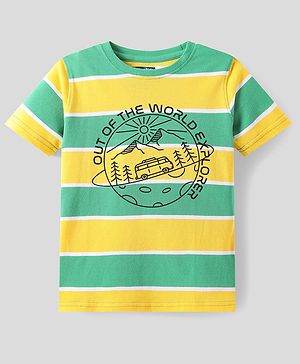 Pine Kids Cotton Knit Half Sleeves Striped T-Shirt With Sunset Print - Green & Yellow