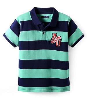 Pine Kids Cotton Knit Half Sleeves Striped Polo T-Shirt With Text Patch - Navy Blue & Green