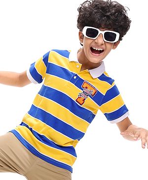 Pine Kids Cotton Knit Half Sleeves Collar T-Shirt With Stripes - Blue & Yellow