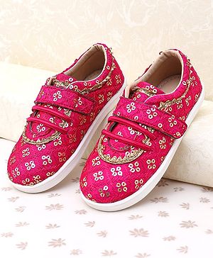 Pine Kids Velcro Closure Ethnic Shoes with Floral Sequin Detailing - Pink
