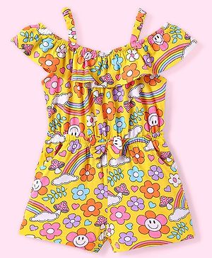 Babyhug Single Jersey Knit Cold Shoulder Sleeves Jumpsuit with Floral Print & Bow Applique - Yellow