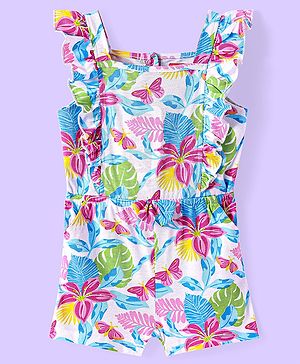 Babyhug Single Jersey Knit Sleeveless Jumpsuit With Floral & Butterfly Print - White