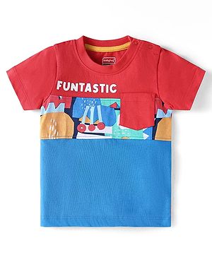 Babyhug Cotton Knit Half Sleeves T-Shirt with Fruit Print & Pocket - Blue & Red
