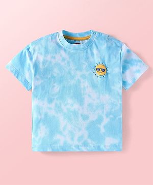 Babyhug Cotton Knit Half Sleeves Tie & Dye T-Shirt with Beach Theme Print in Back - White & Blue