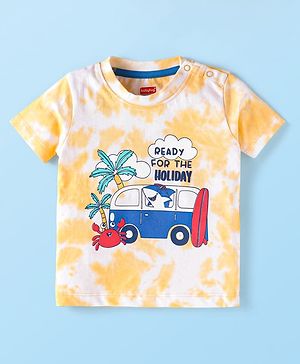 Babyhug Cotton Knit Half Sleeves T-Shirt With Vehicle Print - Yellow