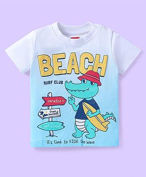 Babyhug Cotton Knit Half Sleeves Ombre T-Shirt with Crocodile Beach Text Print - Light Blue