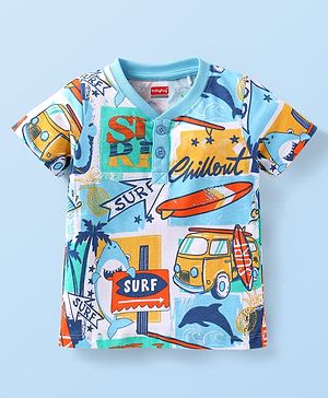 Babyhug Cotton Knit Half Sleeves Henley T-Shirt with Beach Theme Print - Light Blue