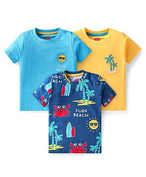 Babyhug Cotton Knit Half Sleeves T-Shirts with Beach Theme Print Pack of 3 - Light Blue Yellow & Navy Blue