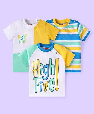 Babyhug Cotton Knit Half Sleeves T-Shirts with Cut & Sew Stripes & Text Print Pack of 3 - White