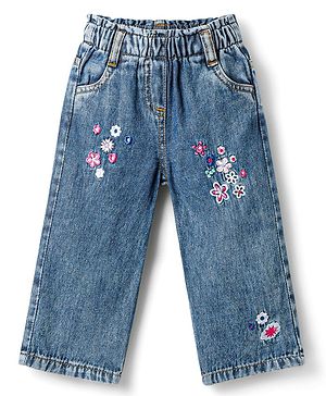 Babyoye 100% Cotton Denim Woven Full Length Jeans With Floral Embroidery - Navy Blue