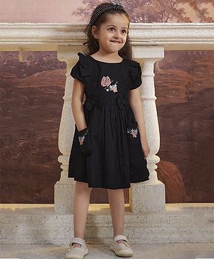 Tiny Twills Rayon Half Puffed Sleeves Butterfly & Floral Embroidered Dress - Black