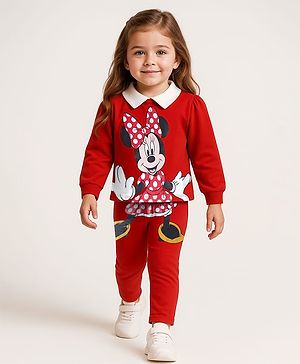 Babyhug Disney Single Jersey Knit  Full Sleeves T-Shirt & Leggings Set With Minnie Mouse Graphics & Badge Detailing - Red