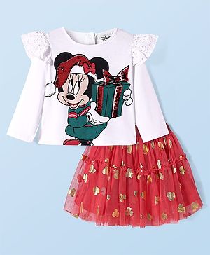 Babyhug Disney Single Jersey Knit Full Sleeves Top With Frill Detailing & Mesh Skirt Set With Minnie Mouse Graphics - Red & White