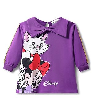 Babyhug Disney Cotton Knit Full Sleeves Dress With Minnie Mouse Mouse And Marie Graphics With Bow Collar Detailing - Purple