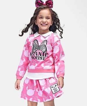 Babyhug Disney Single Jersey Knit Full Sleeves Overlapped Top & Skirt Set  With Minnie Mouse Graphics Badge & Sequins Detailing - Pink