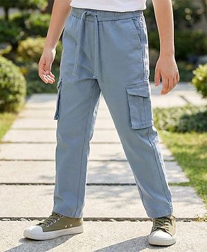 Pine Kids Cotton Woven Full Length Solid Colour Trouser With Cargo Pockets - Navy Blue