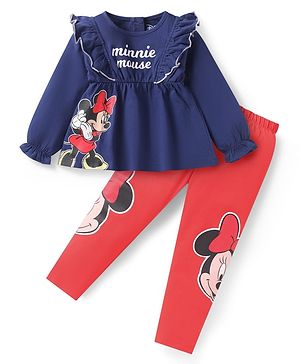 Babyhug Disney Single Jersey Knit Full Sleeves Top & Lounge Pant Set With Minnie Mouse Graphics & Frill Detailing - Navy Blue & Red