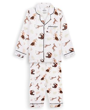 The Boo Boo Club 100% Cotton Full Sleeves Animals Printed Coordinating Night Suit Set - Off White