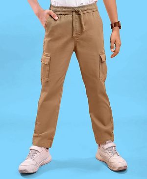 Pine Kids Woven Full Length Solid Trouser With Cargo Pockets - Tan