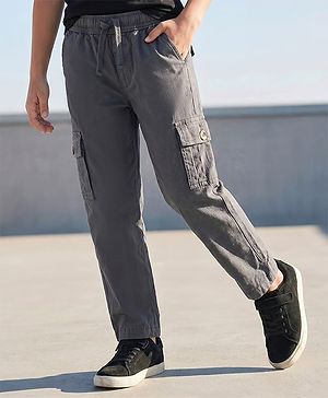 Pine Kids Woven Full Length Solid Trouser With Cargo Pockets - Grey