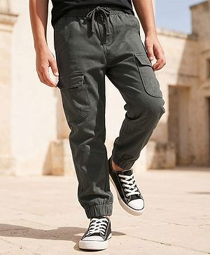 Pine Kids Cotton Elastane Woven Full Length Solid Color Trouser - Olive Green