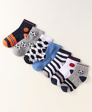Cute Walk By Babyhug Anti-Bacterial Ankle Length Pack of 7 Socks With Sports Theme Print - Black & Grey