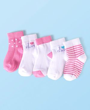 Cute Walk by Babyhug Knit Ankle Length Socks with Stripes Polka Dots & Text Design Pack of 5 - White & Pink