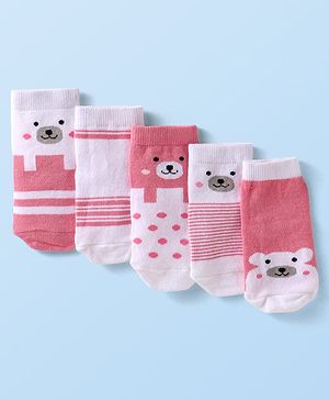 Cute Walk by Babyhug Knit Ankle Length Antibacterial Socks with Bear Design Pack of 5 - White & Pink