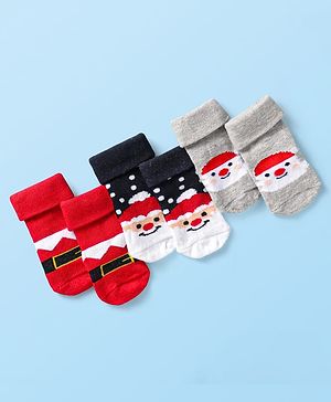 Cute Walk by Babyhug Knit Antibacterial Ankle Length Socks with Christmas Theme Design Pack of 3 - Red Grey & Black