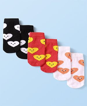 Cute Walk by Babyhug Knit Ankle Length Antibacterial Socks with Hearts Design Pack of 3 - Black Red & White