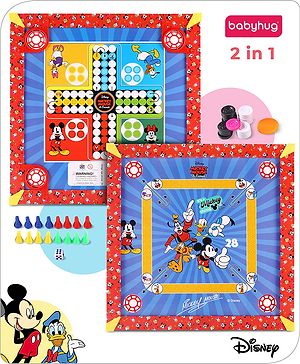 Babyhug Disney 2 in 1  Mickey Theme Carrom Board and Ludo|Multi Game - Family fun|20x20 inch|Carrom,Ludo|Compact for All Ages - Multicolor